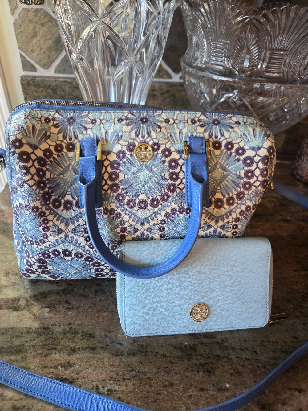 Tory Burch Blue Patterned Dome Satchel with Light Blue Wallet